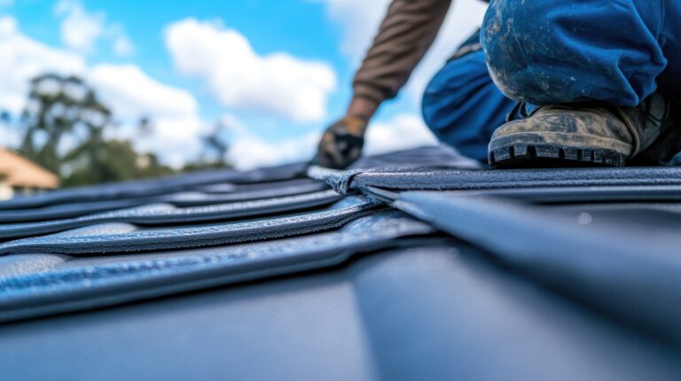 Close-Up of a Roofer Working on a New Roof